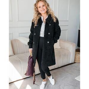 Cabi Black Teddy Pea Coat Women's Size Small EUC Zip Up Button Accents Pockets